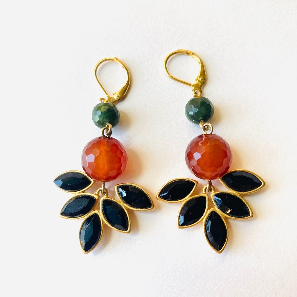 Vintage Gemstone Earrings 18k gold plated David Aubrey Carnelian Orange Green